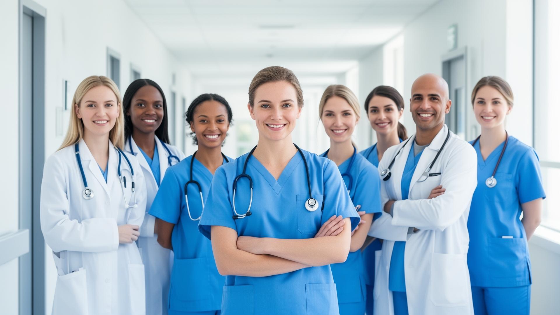 Diverse team of smiling healthcare professionals in a bright hospital corridor